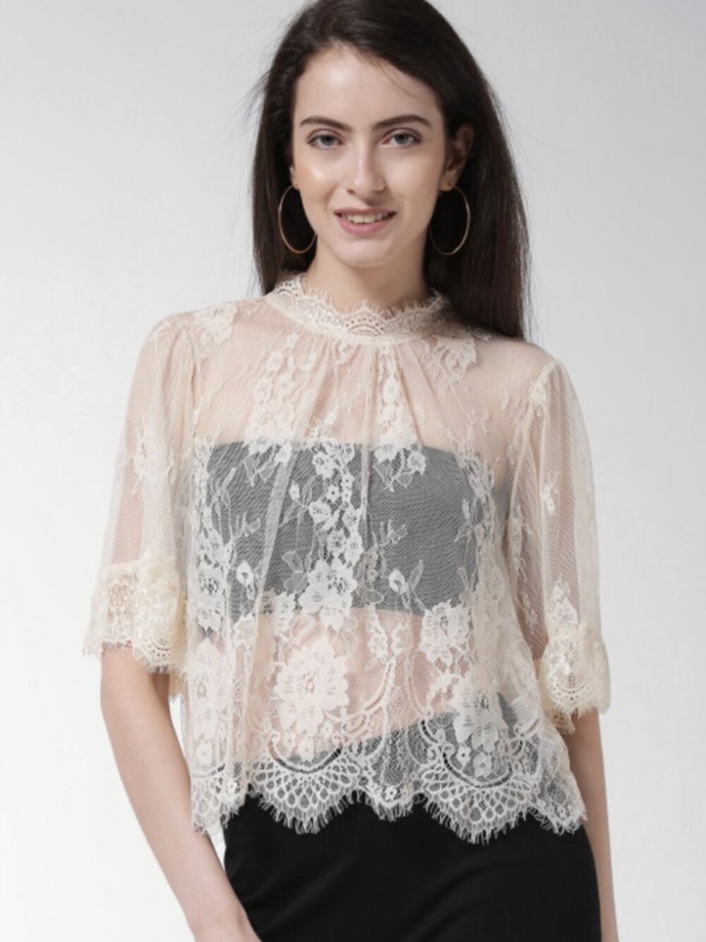 *FOREVER 21 Women Cream-Coloured Self-Design Net Top
